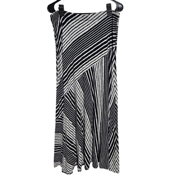 Chicos Asymmetrical Midi Skirt Womens Size Large Black White Striped Stretchy - Picture 1 of 6